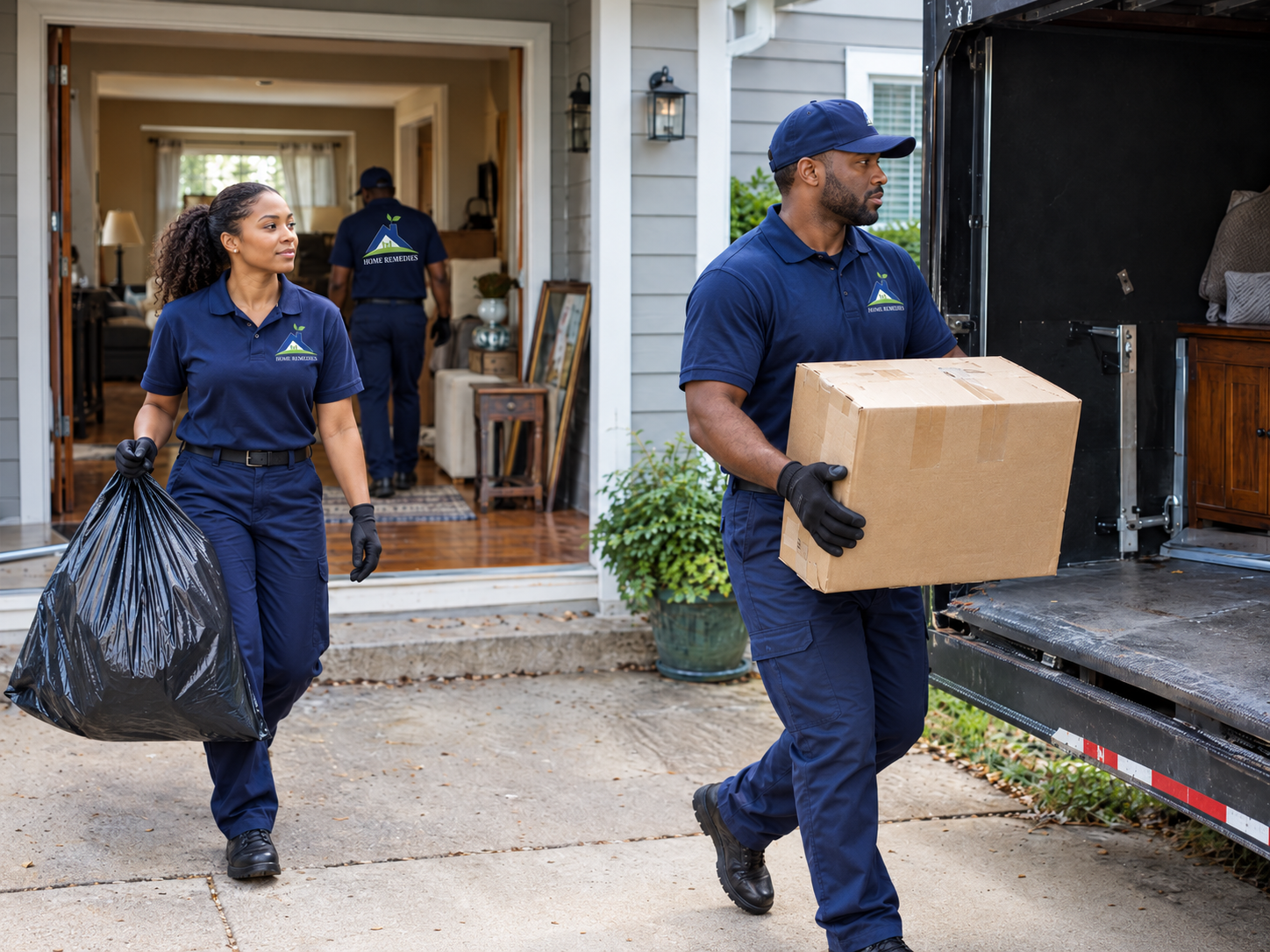Property cleanout crew carrying a box and bag from a home to a hauling truck